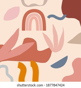 Abstract print art in terracotta colors. Contemporary aesthetic background with natural and geometric shapes. Vector illustration