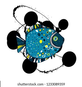 An Abstract Print. Bright colored tropical fish. Vector illustration in sketch style