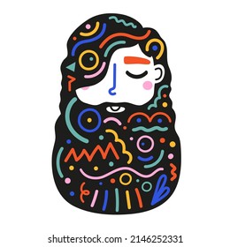 Diseño de impresión abstracta con elementos de hombre y garabato. Cartel de color, patrón de moda con elementos geométricos