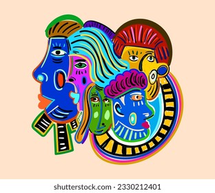 Abstract print design with faces, lines, circles and doodle elements. Set of colorful posters, fashion patterns with seamless elements