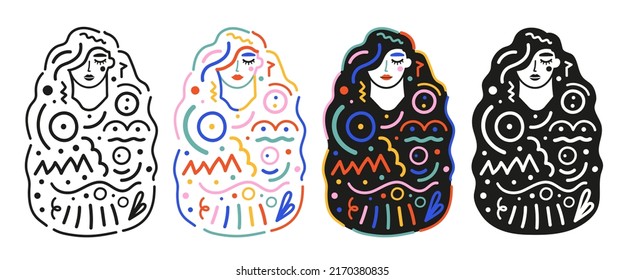 Abstract print design with long hair woman and doodle elements. Colored poster, fashion pattern with geometric elements 