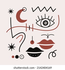 Abstract print design with moon, stars, eye and doodle elements. Colored poster, fashion pattern with geometric elements