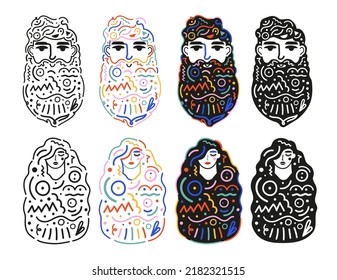 Abstract print design set with bearded man and long hair woman heads doodle elements. Colored poster, fashion pattern with geometric elements. Black white and colored mexican style ornament