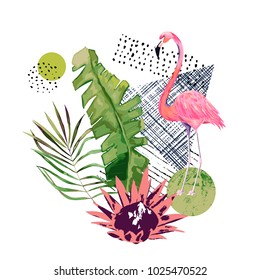 Abstract print with flamingo and random elements. Retro style. Tropical vector illustration. Watercolor style