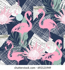 Abstract print with  flamingo and random elements. Seamless pattern in retro style. Tropical vector  illustration. Sketch