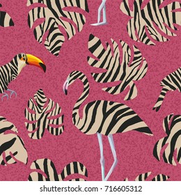 Abstract print flamingo and toucan in zebra striped style seamless red background