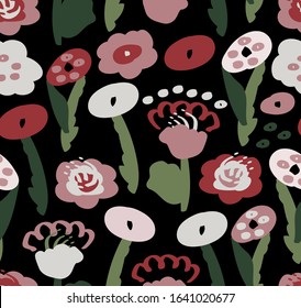 Abstract print with floral elements. Seamless pattern with colorful flowers and leafs. Summer and spring motifs. Black background, vector