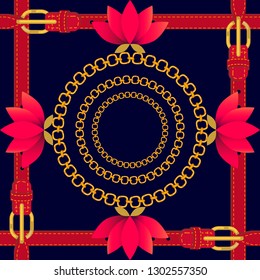 Abstract print with golden chains and red belts. Seamless vector pattern with colorful design elements. Women's fashon collection.