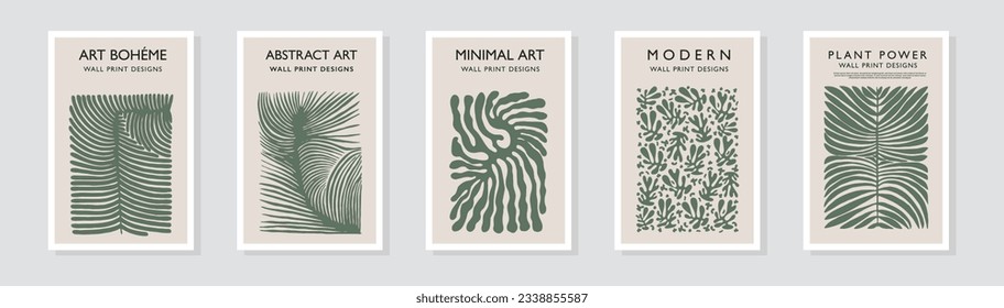 Abstract print. Green botanical fern. Minimalist hand-painted illustration. Wall decoration, postcard design. Poster with organic pattern. Natural shapes in mid-century ornament.