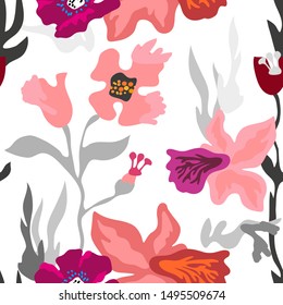 Abstract print with large poppies and tulips. Seamless vector pattern with colorful floral elements. Retro textile collection. On white background.