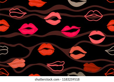 Abstract print with lips. Seamless vector pattern with colorful elements. Frendy design for textile and cards. Wavy on black background.