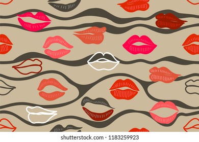 Abstract print with lips. Seamless vector pattern with colorful elements. Frendy design for textile and cards. Wavy on beige background.