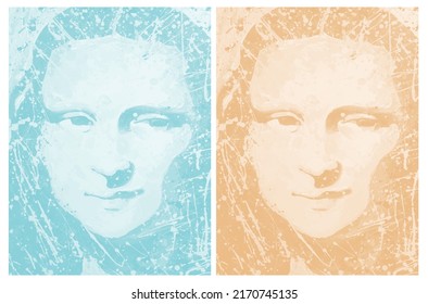 Abstract Print of the Mona Lisa in Blue and Yellow Versions. Vector Illustration of Painting Based of Famous Renaissance Woman Portrait. Lady in Blue.