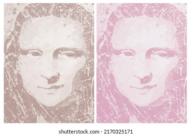 Abstract Print of the Mona Lisa in Brown and Pink Versions. Vector Illustration of Painting Based of Famous Renaissance Woman Portrait. Lady in Pink.