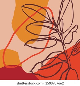 Abstract print plants one line and geometric shapes in a Contemporary style. Minimalistic modern art. Vector background in simple Scandinavian style. For posters, postcards, social media posts.