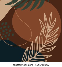 Abstract print plants and palm leaf line and geometric shapes in a minimal trendy art in broun colors. Vector background in simple Scandinavian style. For posters, postcards, social media posts.