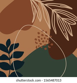 Abstract print plants and palm leaf line and geometric shapes in a minimal trendy art in broun colors. Vector background in simple Scandinavian style. For posters, postcards, social media posts.