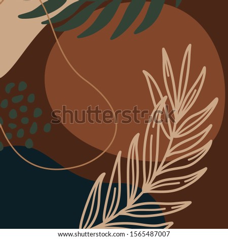 Abstract print plants and palm leaf line and geometric shapes in a minimal trendy art in broun colors. Vector background in simple Scandinavian style. For posters, postcards, social media posts.
