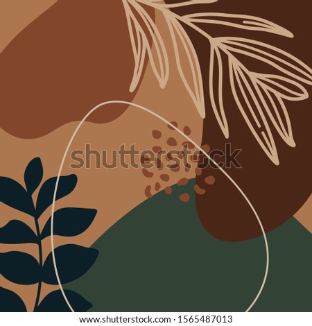 Abstract print plants and palm leaf line and geometric shapes in a minimal trendy art in broun colors. Vector background in simple Scandinavian style. For posters, postcards, social media posts.