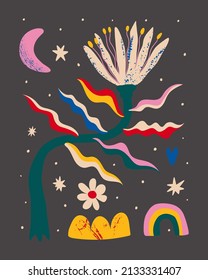 Abstract print with plants, stars, rainbow, moon in colorful style on black background. Creative collage in contemporary style. Fashionable template for t-shirt, poster, design, pillow and more.