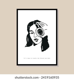 Abstract print poster design template with woman silhouette. Hand drawn minimal design for wallpaper, wall decor, print, postcard, cover, template, banner.