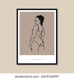 Plantilla de diseño de afiches de impresión abstracta con silueta de mujer. Diseño minimalista de mano para papel pintado, decoración de pared, impresión, postal, cubierta, plantilla, banner.