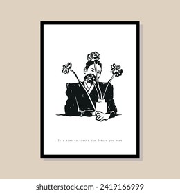 Abstract print poster design template with woman silhouette. Hand drawn minimal design for wallpaper, wall decor, print, postcard, cover, template, banner.