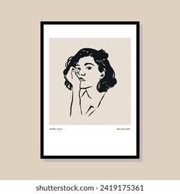 Abstract print poster design template with woman silhouette. Hand drawn minimal design for wallpaper, wall decor, print, postcard, cover, template, banner.