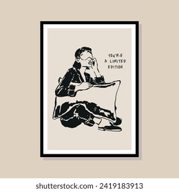 Abstract print poster design template with woman silhouette. Hand drawn minimal design for wallpaper, wall decor, print, postcard, cover, template, banner.