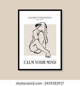 Abstract print poster design template with woman silhouette. Hand drawn minimal design for wallpaper, wall decor, print, postcard, cover, template, banner.