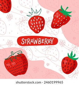 Abstract print with red strawberry on pink white background. Fresh fruits for packaging. Design of fruit tea, juice, sweets, dessert menu, health products, perfumes, aromatherapy. Fresh Strawberry.