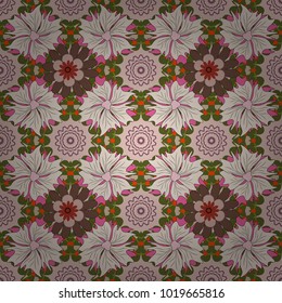 Abstract print with stylized random elements and flowers. Exotic seamless pattern in retro style. Hand drawn vector illustration in beige, red and green colors.
