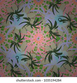 Abstract print with stylized random elements and flowers. Exotic seamless pattern in retro style. Hand drawn vector illustration in green, blue and gray colors.