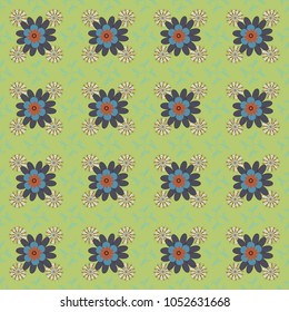 Abstract print with stylized random elements and flowers. Hand drawn vector illustration in blue, green and gray colors. Exotic seamless pattern in retro style.