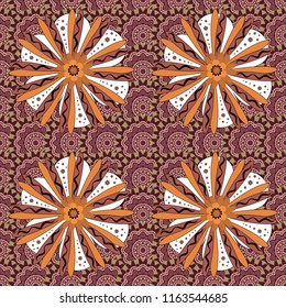 Abstract print with stylized random elements and flowers. Exotic seamless pattern in retro style. Hand drawn raster illustration in red, orange and magenta colors.