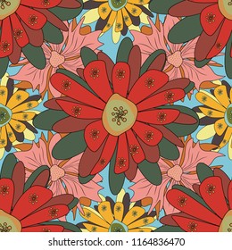 Abstract print with stylized random elements and flowers. Exotic seamless pattern in retro style. Hand drawn vector illustration in orange, green and beige colors.