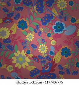 Abstract print with stylized random elements and flowers. Exotic seamless pattern in retro style. Hand drawn vector illustration in blue, beige and pink colors.