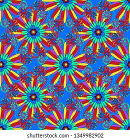 Abstract print with stylized random elements and flowers. Exotic seamless pattern in retro style. Hand drawn vector illustration in violet, red and blue colors.