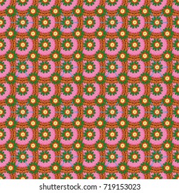 Abstract print with stylized random elements and flowers. Exotic seamless pattern in retro style. Hand drawn vector illustration in orange, green and pink colors.