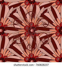Abstract print with stylized random elements and flowers. Exotic seamless pattern in retro style. Hand drawn vector illustration in beige, red and brown colors.