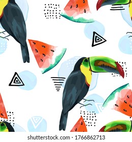 Abstract print with toucan, geometric elements and watermelon. Seamless pattern with wild birds. Vector illustration. Watercolor style