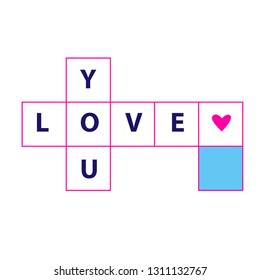 Abstract print for t-shirt love you. A poster in the form of a crossword puzzle.