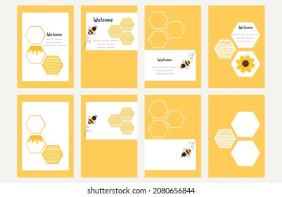 Abstract printable hexagon templates with bee cartoon and sunflower icon vector illustration.