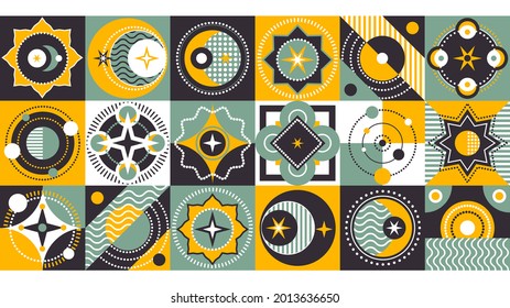 Abstract Printout. Creative Background with Colorful Shapes. Rounded Elements on Square Tile. Vector illustration