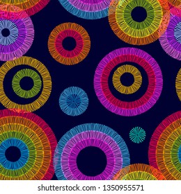Abstract prints with ethnic motifs. Stylized embroidered texture. Different geometric shapes on black background.