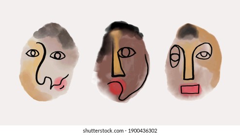 Abstract prints with minimal face. One line drawing on watercolor geometric shapes.