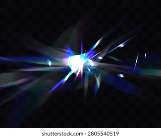 Abstract Prism Lens Flare Burst with Rainbow Light Rays, Holographic Glass Refractions and Bright Optical Overlay on Transparent Background
