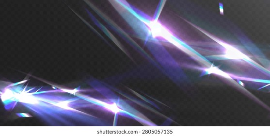 Abstract Prism Lens Flare Overlay with Iridescent Light Streaks and Sparkling Optical Reflections Isolated on Transparent Background
