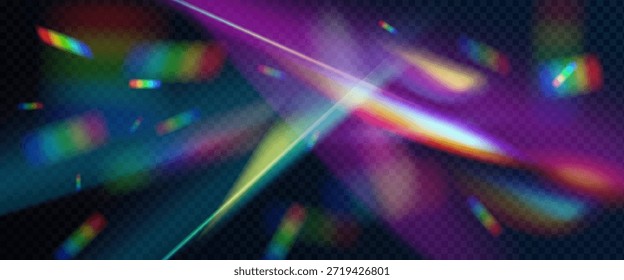 Abstrakte Prismenlichtfackel auf transparentem schwarzem Hintergrund. Vektorrealistische Illustration von irisierender Glaslinsenbrechung, Regenbogenfarben-Strahlen, holografischer Konfetti fliegen in der Luft, Overlay-Effekt