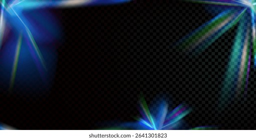 Abstract prism light leaks texture background. Refraction blue and green burn effect. Caustic overlay frame. Blurry bright gradient. Iridescent laser beam stripes. Vector decoration.